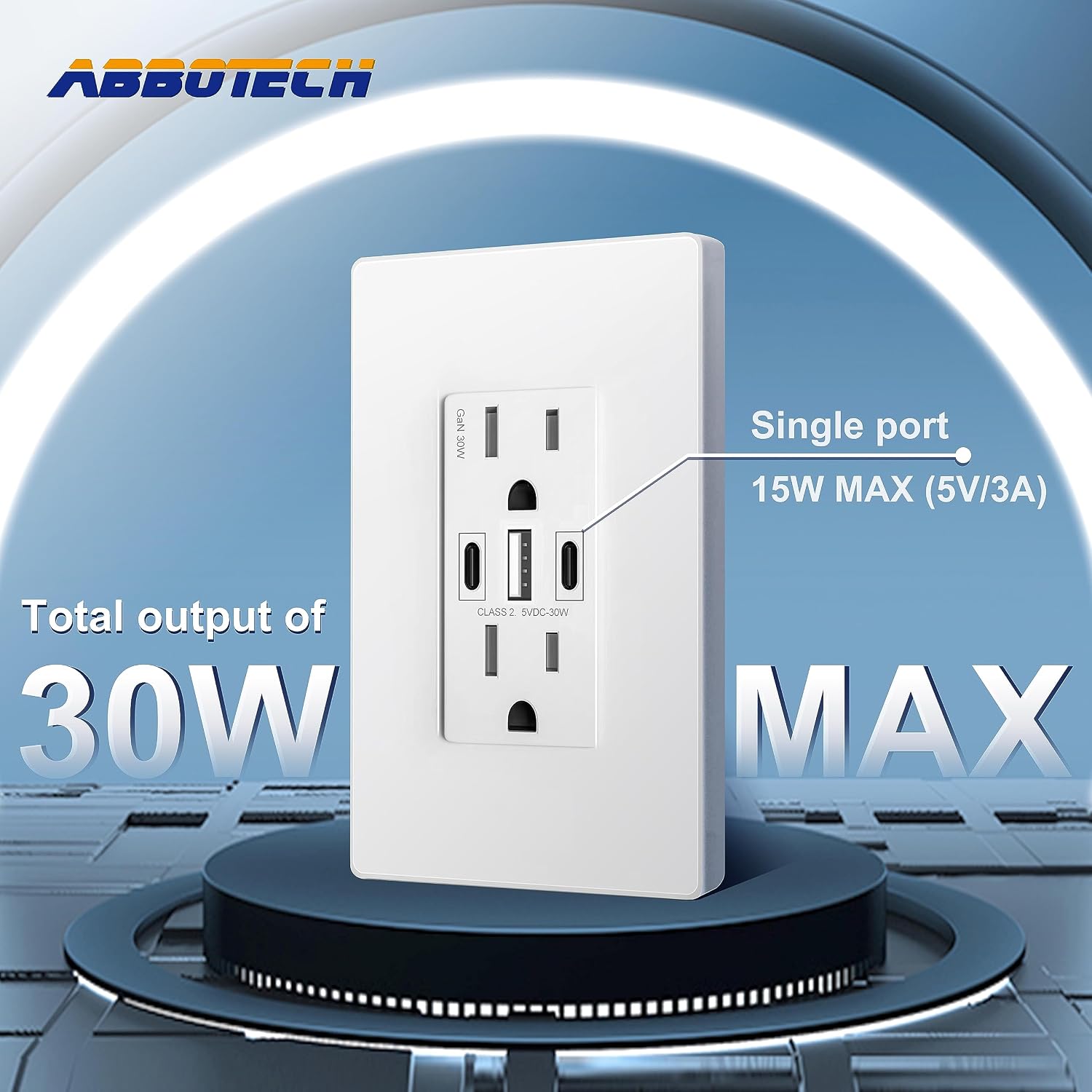 Detalle de ABBOTECH 15A30W2C1A USB Wall Outlet, 30W GaN, 3 USB Ports