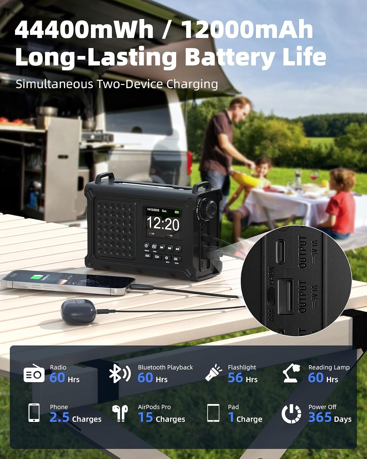 Detalle de 12000mAh Kurbelradio von Roxicosly – DAB+/UKW, Bluetooth 5.0, Solarpanel & Notfall-Dynamo