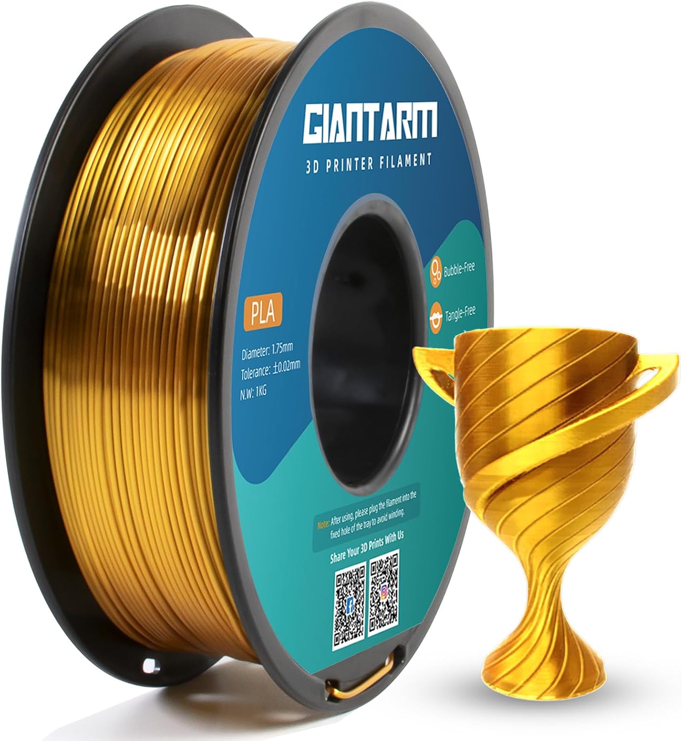 Detalle de GIANTARM PLA-filament 1,75 mm, 1 kg – silkesguld med glänsande finish