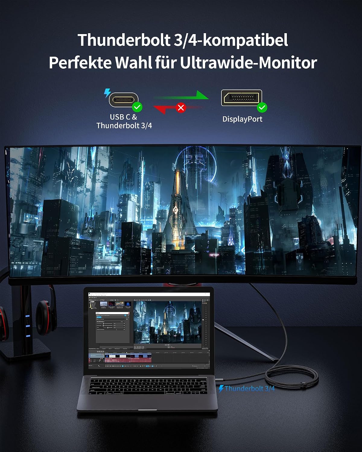 Detalle de Silkland USB‑C auf DisplayPort 1.4 Kabel (Thunderbolt 4/3 kompatibel), 1 m – bis 8K@60 Hz