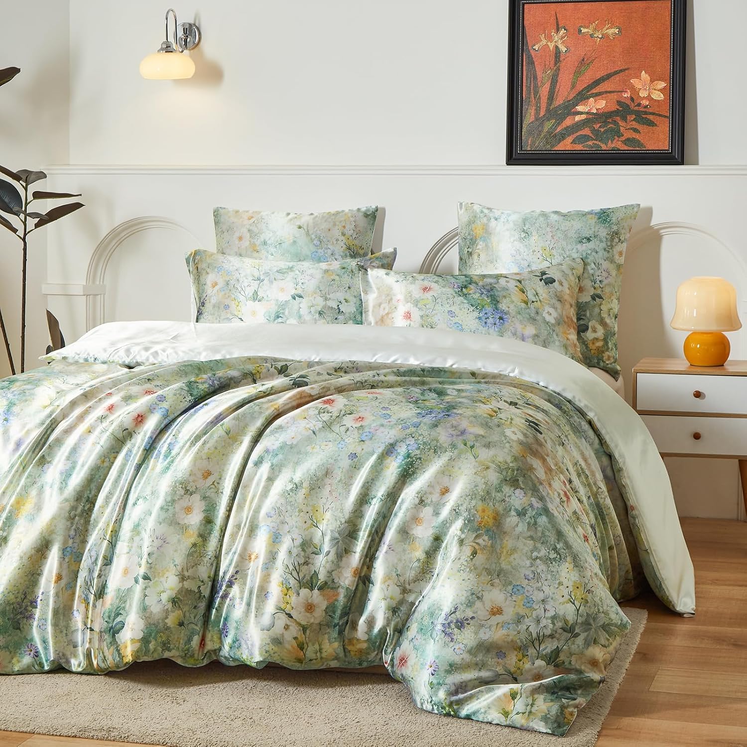 Thumbnail 1 de DuShow Green Floral Satin Duvet Cover Set, 3 Pieces (Double) – 200 x 200 cm