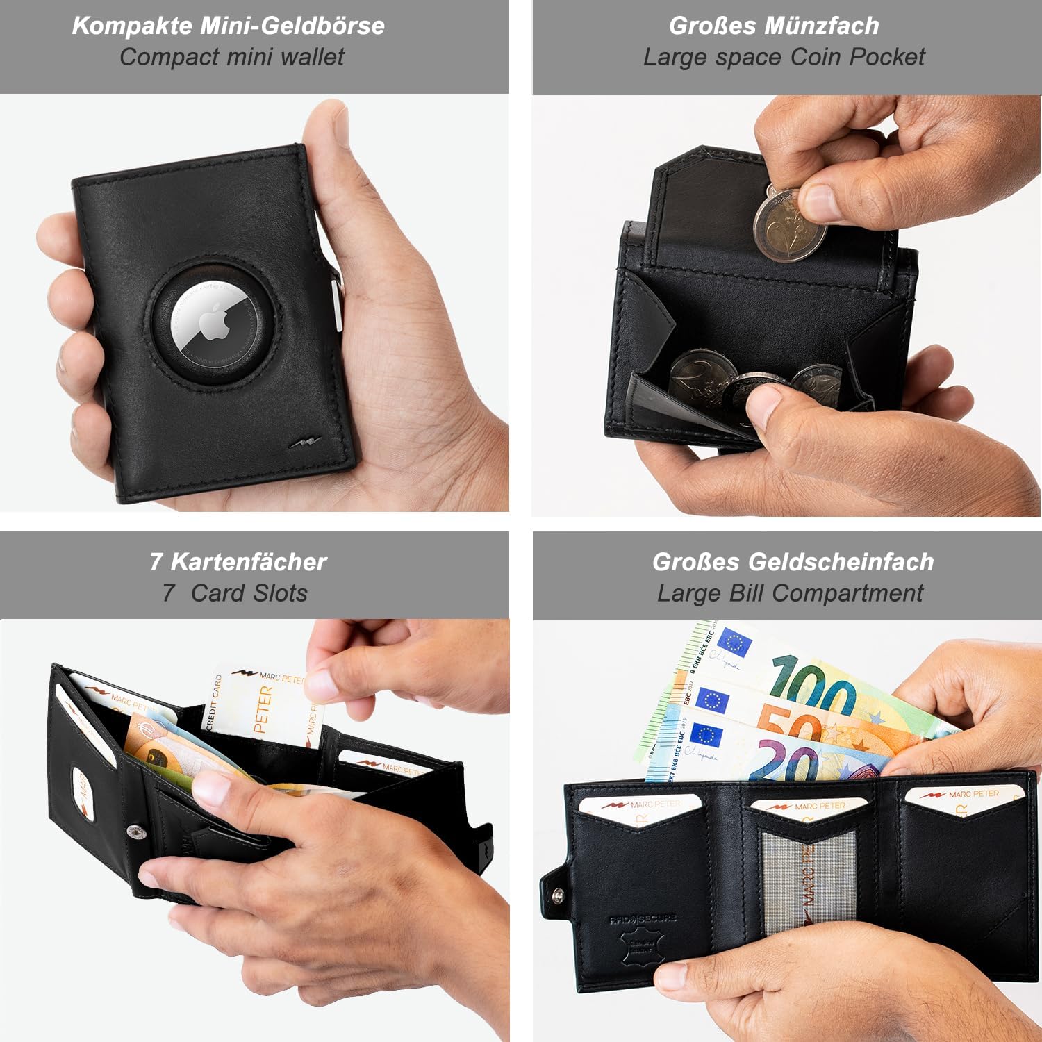 Detalle de Marc Peter Jupiter AirTag Leder-Geldbörse mit RFID-Schutz – Mini-Portemonnaie für bis zu 11 Karten