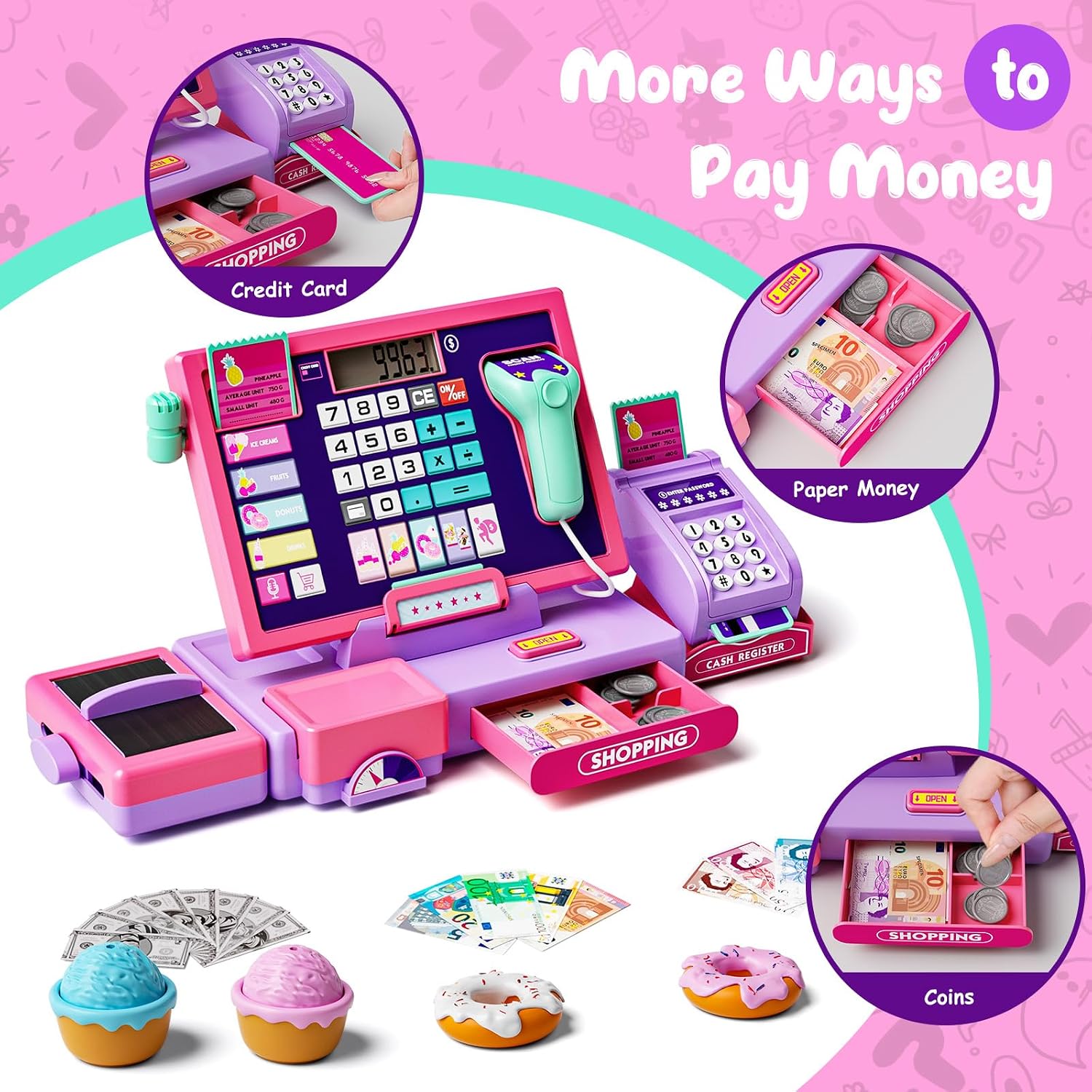 Detalle 2 de Maysida Kids Cash Register Toy Playset: Real Calculator, Scanner and Play Money for Engaging Toddler Shop Play