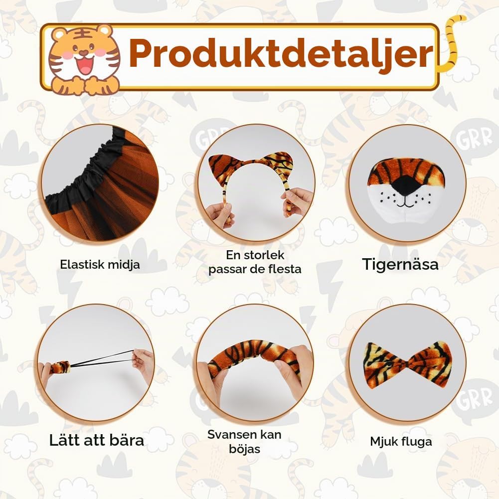 Detalle de ACWOO tigerutklädningsset för barn, 5 delar med tutu och svans