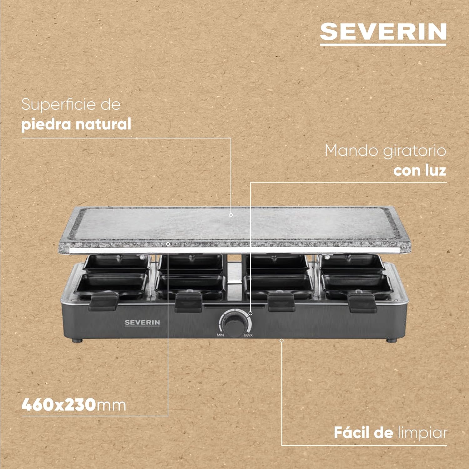 Detalle 2 de SEVERIN Raclette RG 2372 con piedra natural y 8 sartenes