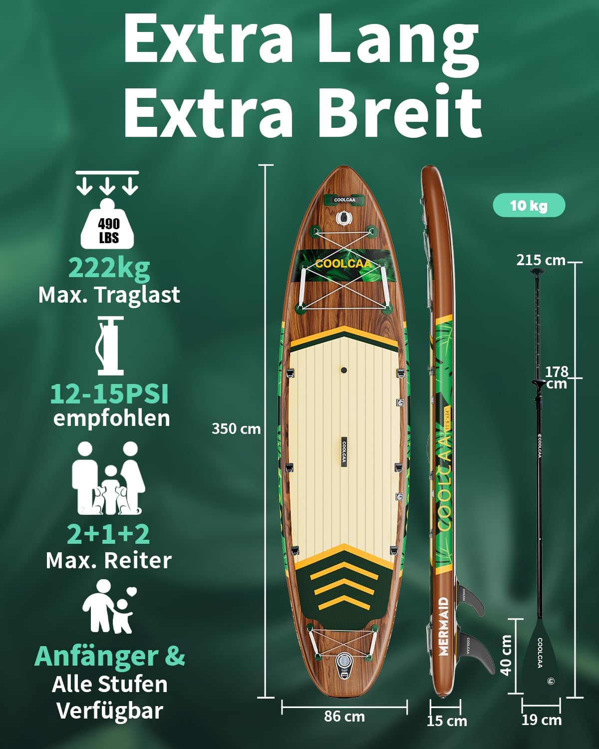 Detalle 2 de COOLCAA SUP Board, 355 cm – Extra Großes, aufblasbares Stand Up Paddleboard mit 86 cm Breite und 210 kg Traglast