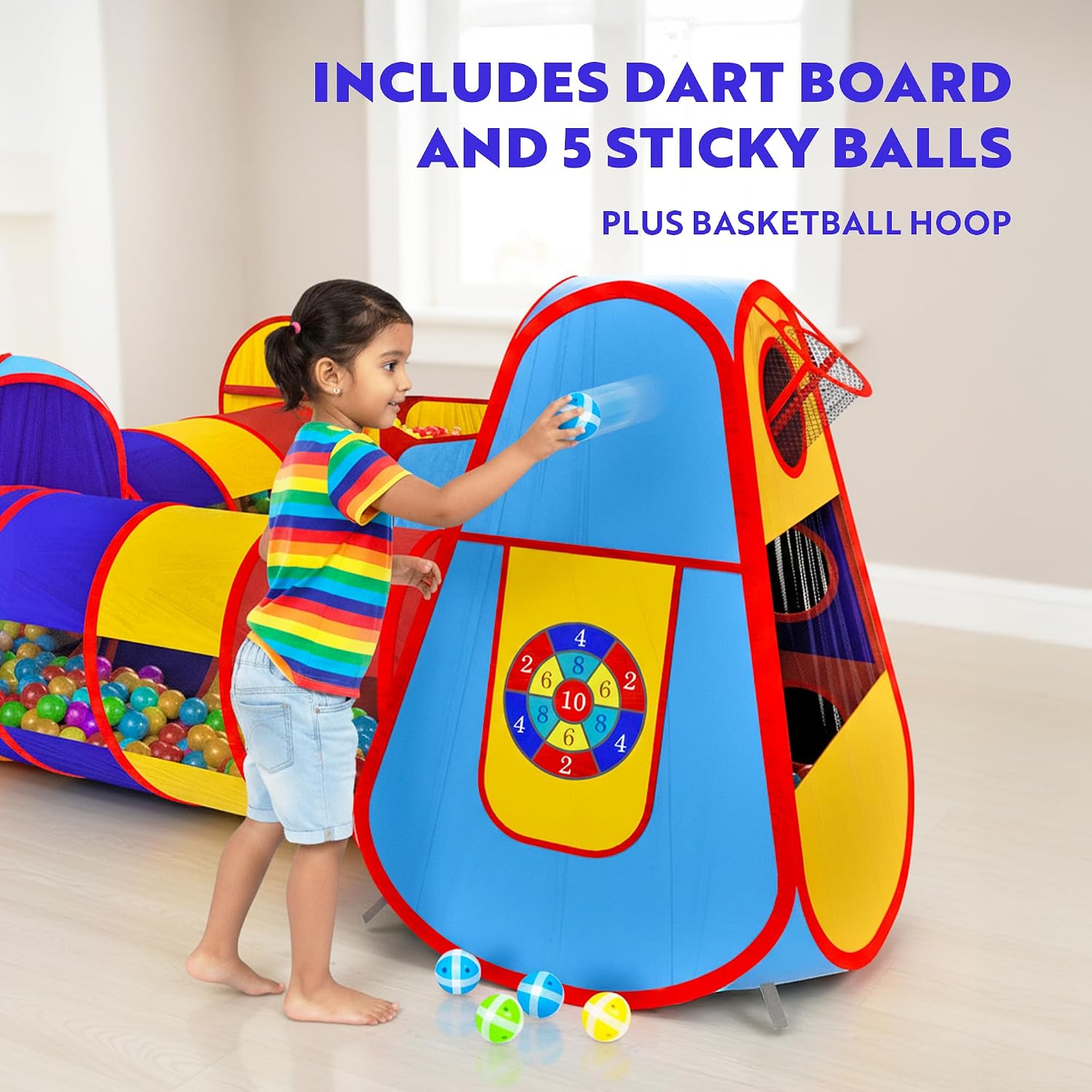 Detalle de Playz 5pc Kids' Play Tents & Tunnels — Ball Pit, Pop-Up Playhouses & Indoor/Outdoor Obstacle Course