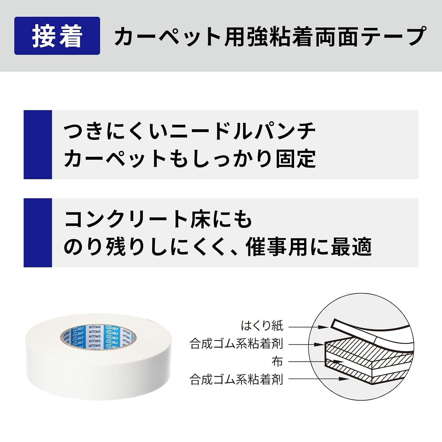 Detalle de ニトムズ PROSELF J0270 カーペット用強粘着両面テープ 幅40mm×長さ25m