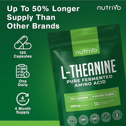 Detalle de Nutrivo L Theanine 400mg | 120 Vegan Capsules – UK Made 4-Month Supply