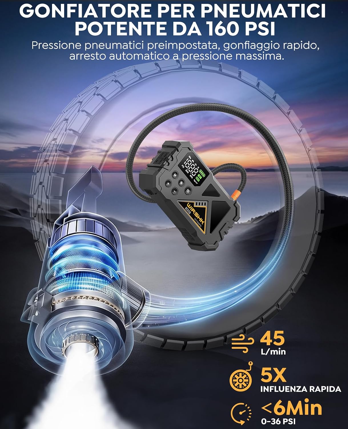 Thumbnail 2 de WIRSHK Avviatore Batteria Auto 9000A con Compressore Aria 160 PSI e Display LCD