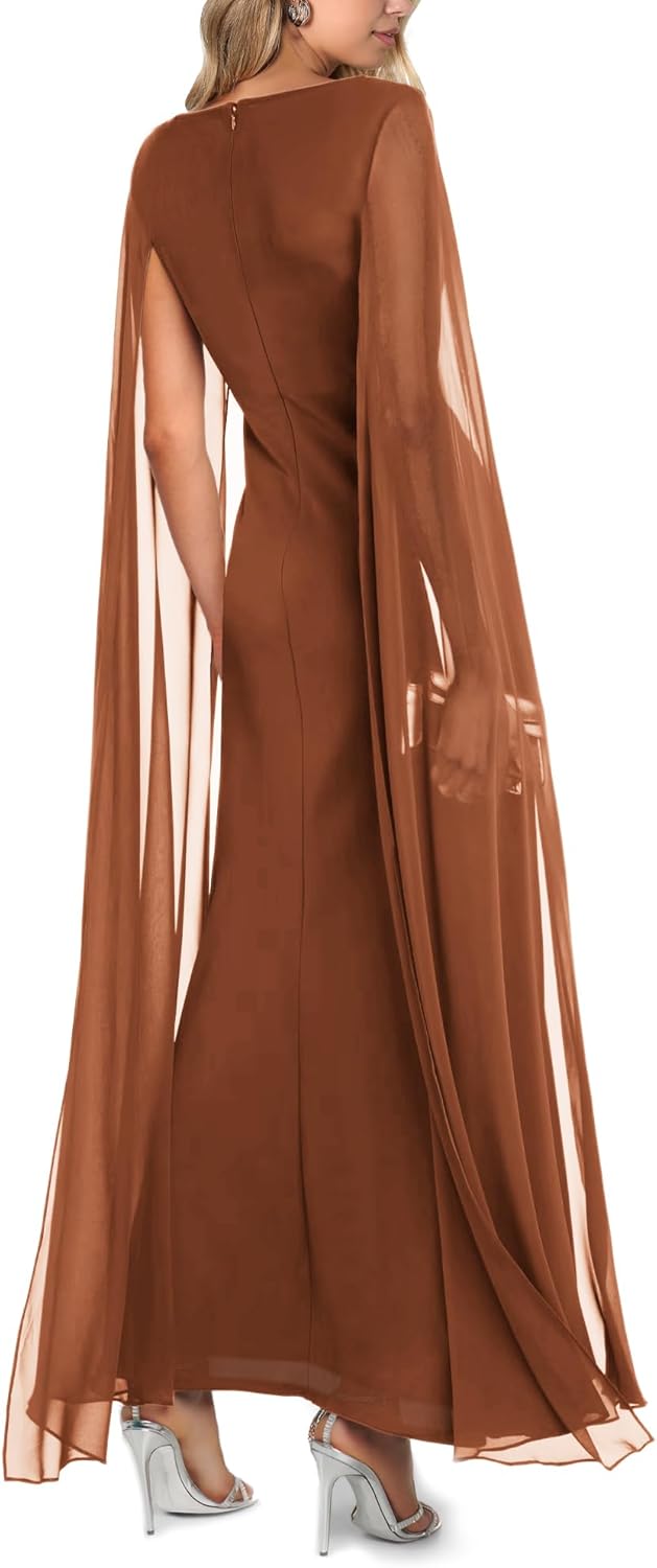 Thumbnail 2 de MAYFASEY Women's V Neck Split Formal Dress with Cape – Mesh Ruched Long Dress