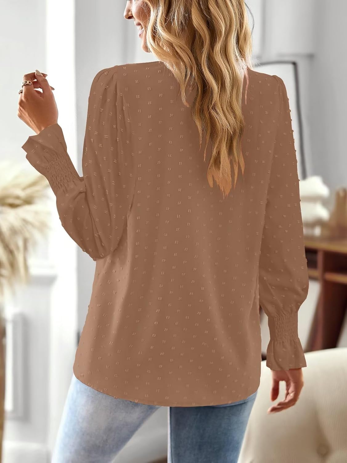 Detalle de TUUHAW Langarmshirt Damen Herbst Boho Top – V-Ausschnitt mit Häkelverzierung, großzügige Passform