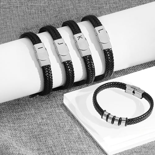 Detalle de SAMINO Cuero Negro 26 Letras: Pulseras para Hombre con Anillo Magnético en Acero Inoxidable