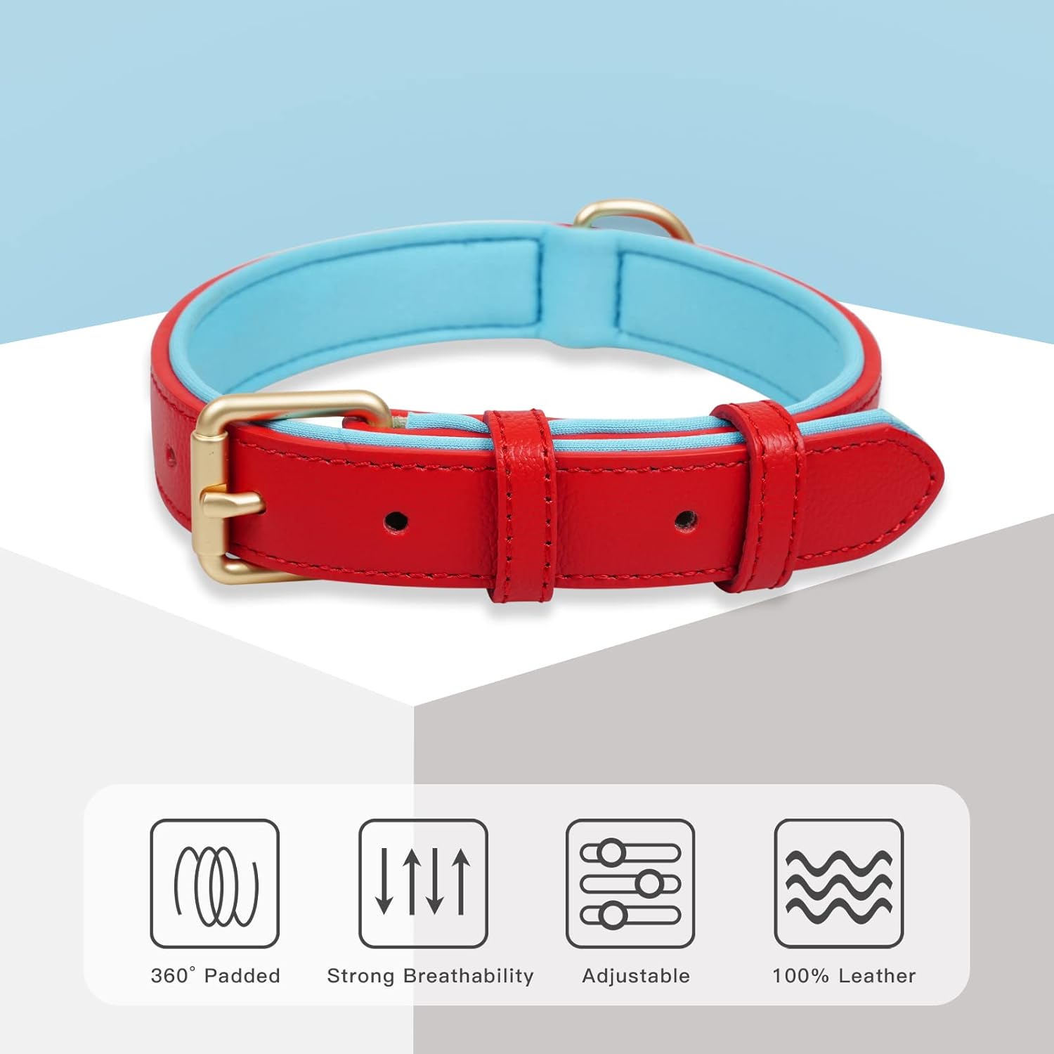 Thumbnail 2 de Ohmywor Red Leather Dog Collar – Classic Genuine Leather with Padded Comfort and Dual D-Rings