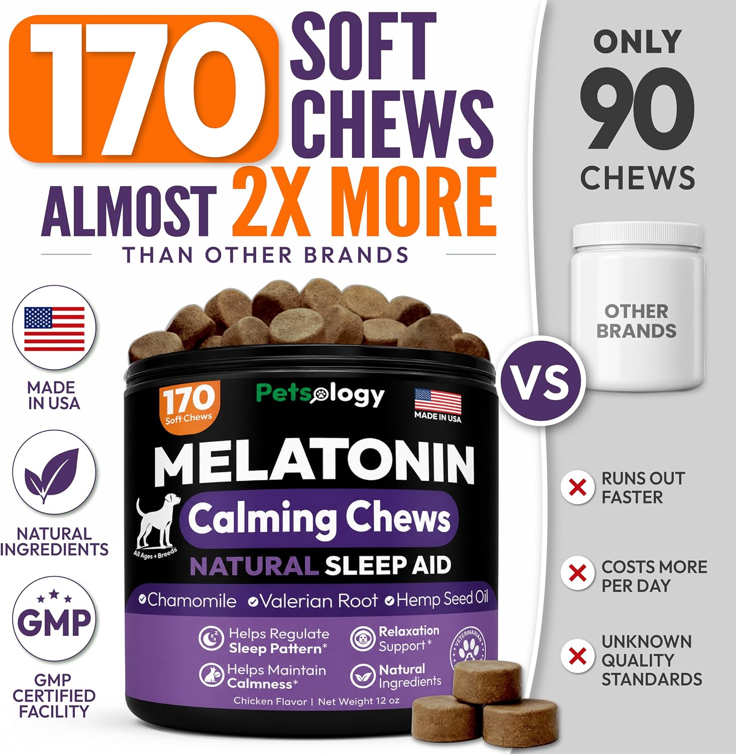Detalle de Petsology MLTND Dog Melatonin Calming Chews, 170 Chicken-Flavor Soft Chews
