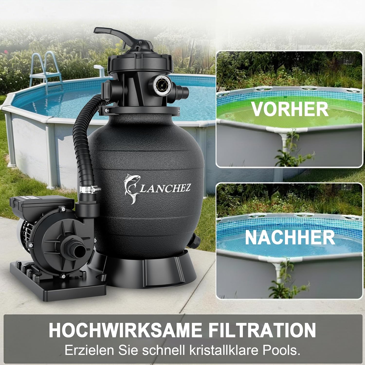 Thumbnail 6 de LANCHEZ Sandfilteranlage 11.500 L/h – 7-Wege-Ventil, 24h Timer, 200 g Filterbälle, Sandfilterkessel bis 60 m³