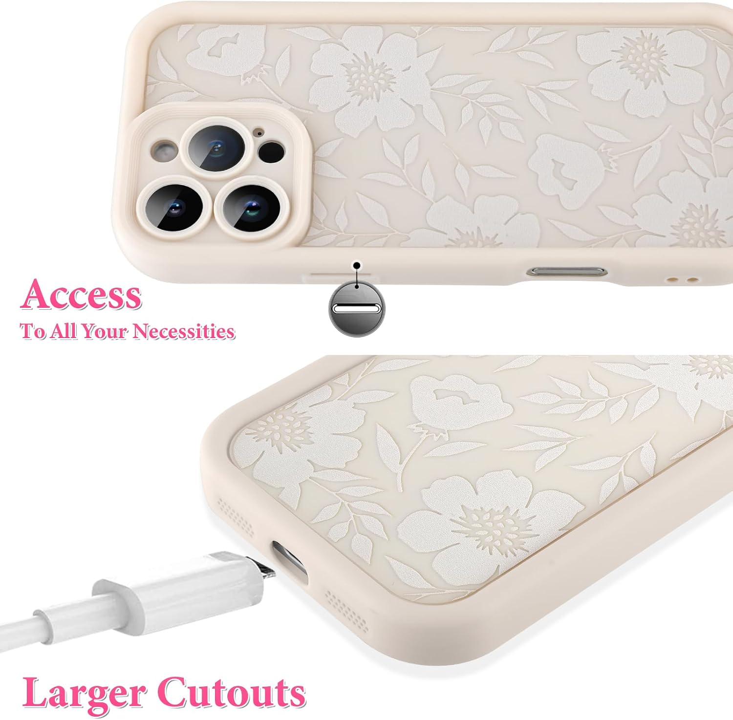 Detalle 2 de OOK 64TYK-beigeflower-16pro Floral Silicone Case for iPhone 16 Pro, Beige