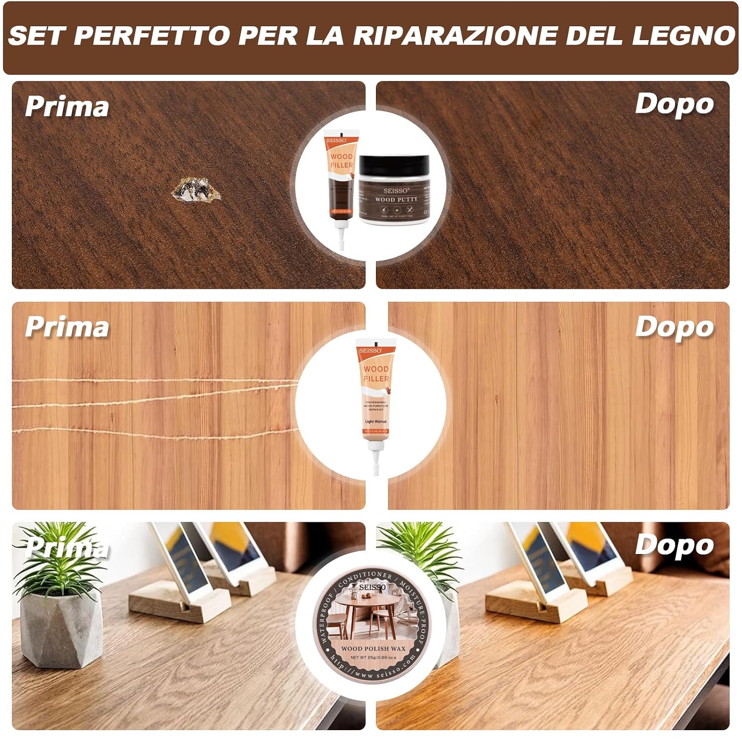 Detalle 2 de SEISSO Kit Riparazione Legno 100g stucco bianco
