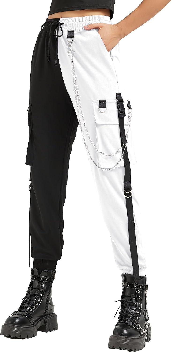Detalle 2 de MEINVQIAOTI Damen Retro Cargo – weite Cargo-Hose im Retro-/Punk-Look mit Ketten-Details