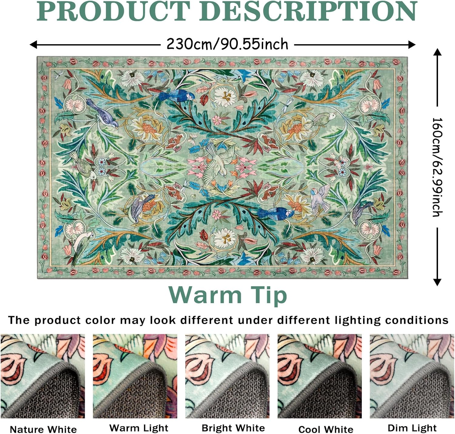 Thumbnail 1 de TUKDAK Washable Area Rug for Living Room – 160×230cm, Green Boho Soft Non-Slip Short Pile Animal Carpet