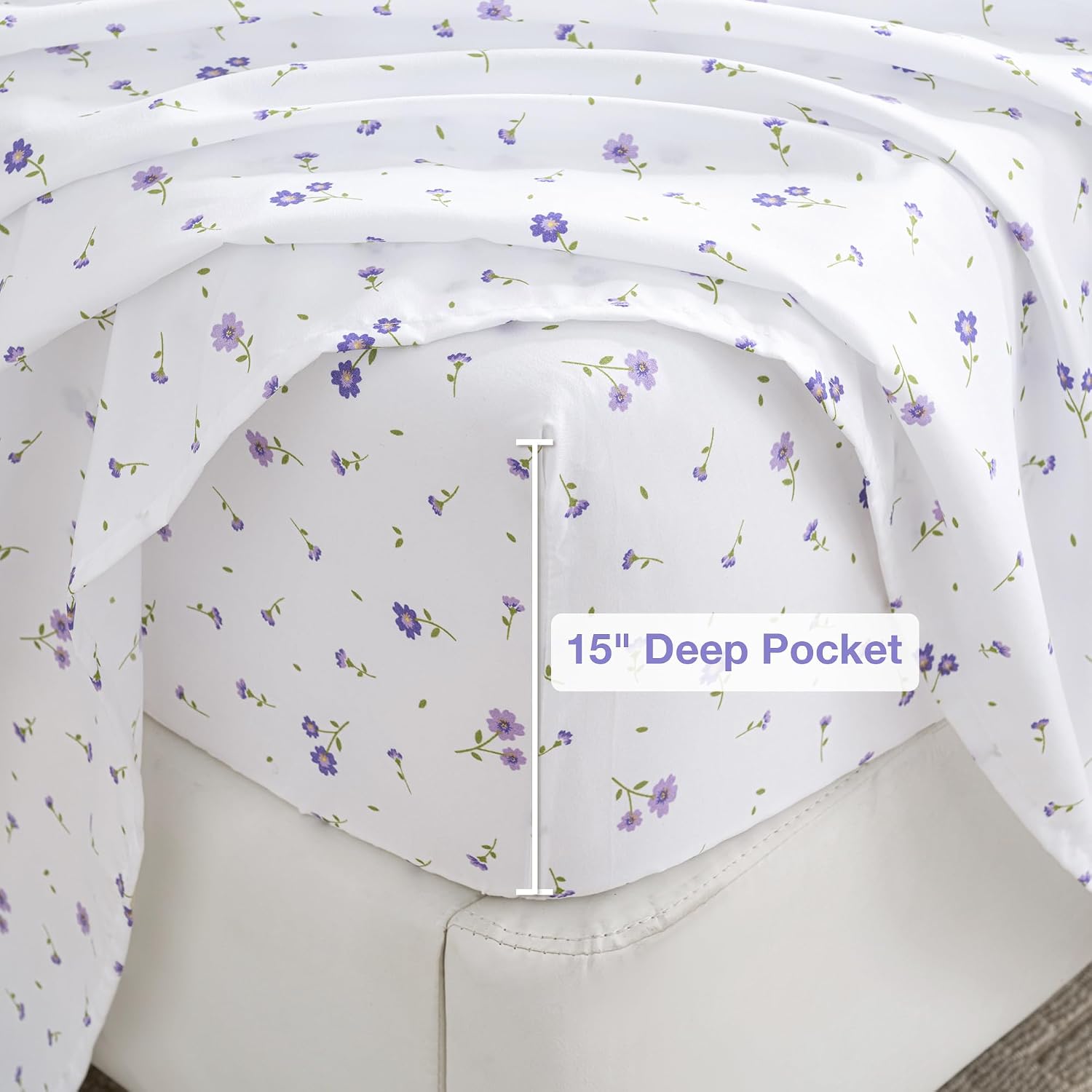 Detalle de Softan Floral Queen Sheet Set (Purple Flower) — Microfiber 4-Piece Bedding Set with 15" Deep Pocket