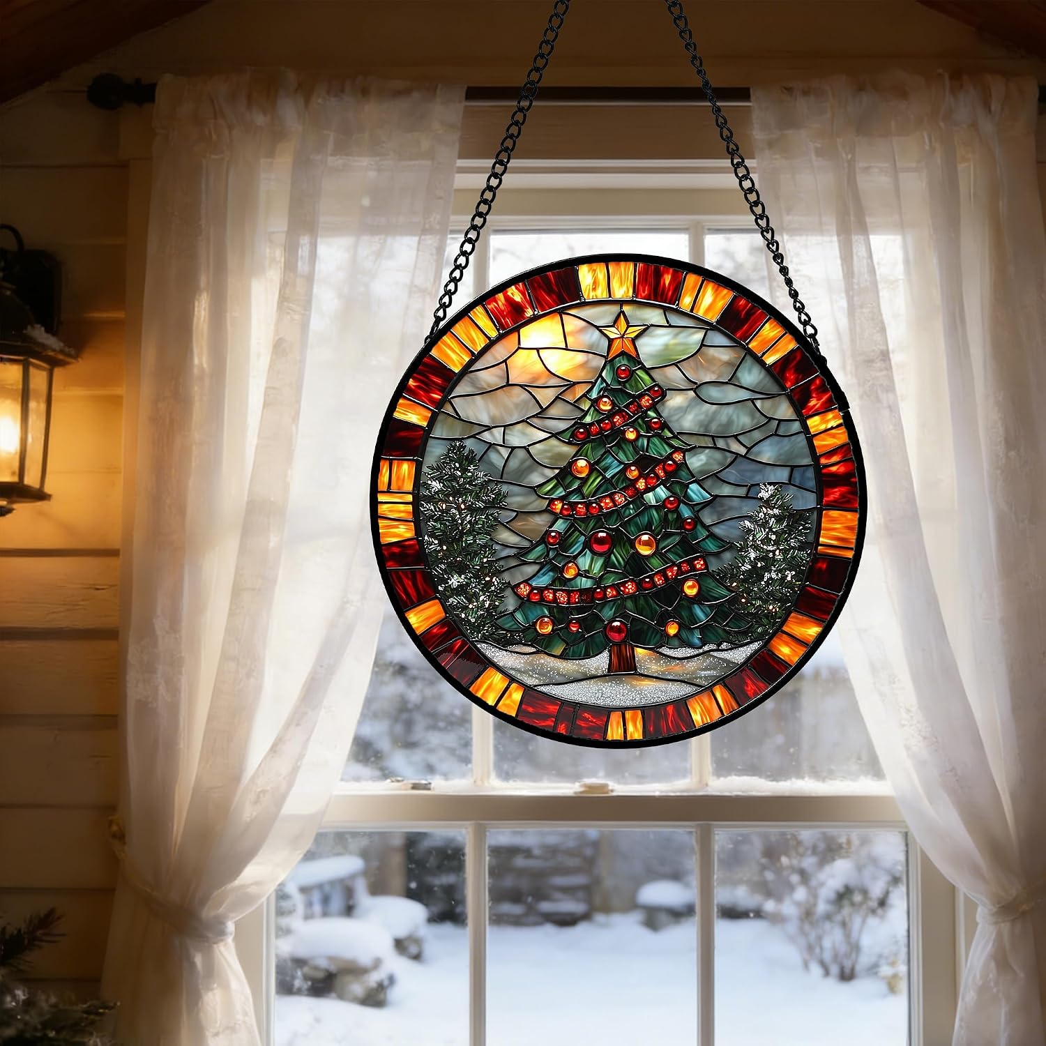 Detalle 1 de Stained Glass Christmas Tree Suncatcher, 9.8-inch