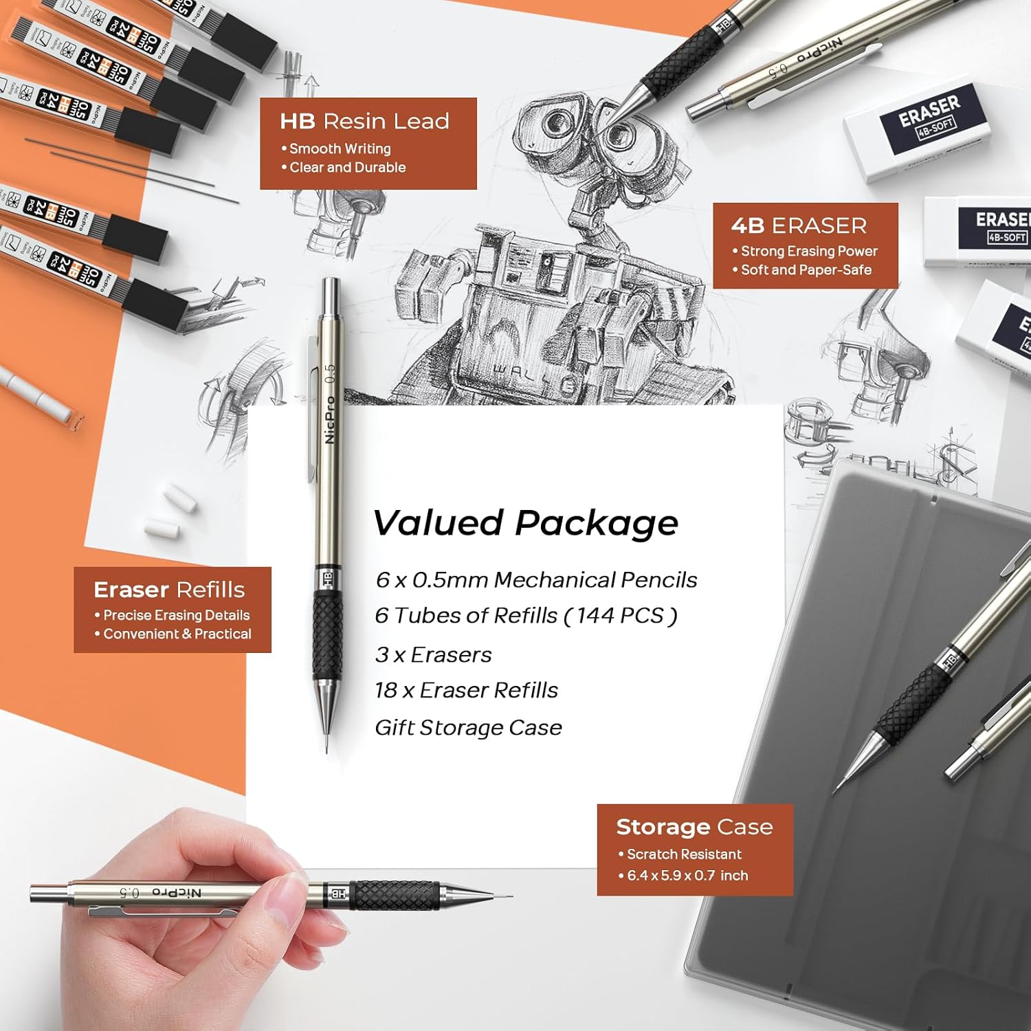 Detalle de Nicpro 0.5 mm Art Mechanical Pencil Set, 6 Metal Pencils with HB Refills