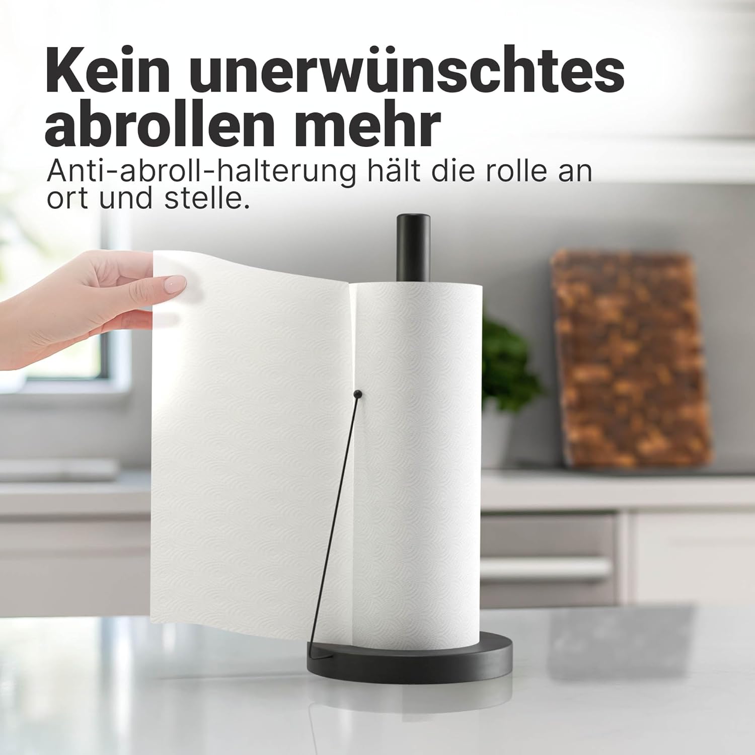 Detalle 2 de Minismus Küchenrollenhalter Stehend – Anti-Roll Arm, stabiler Stand, ohne Bohren (Schwarz)