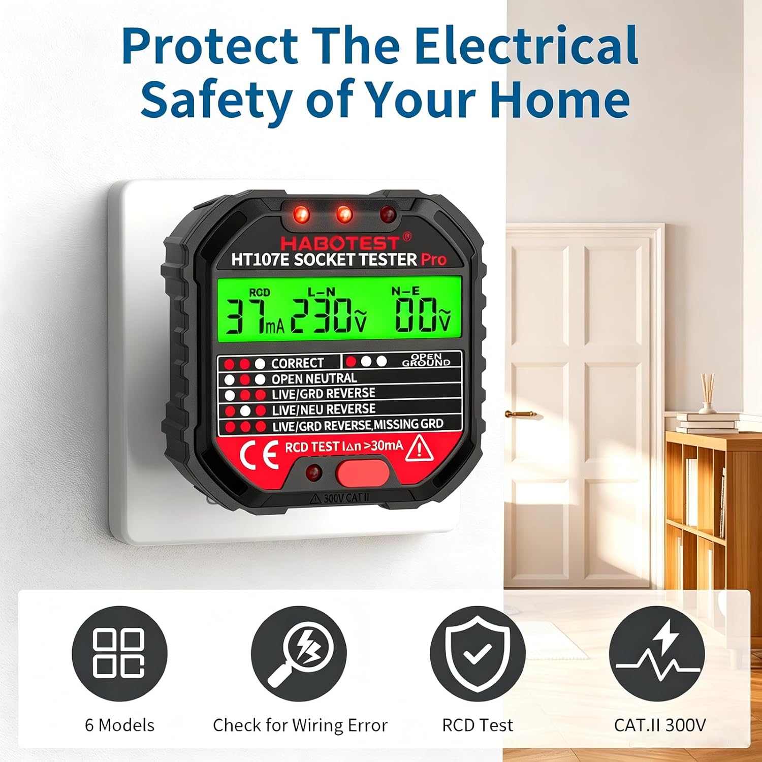 Detalle de YOJOCK Socket Tester RCD Plug Outlet Tester with LCD Display (Electrical Receptacle Detector)