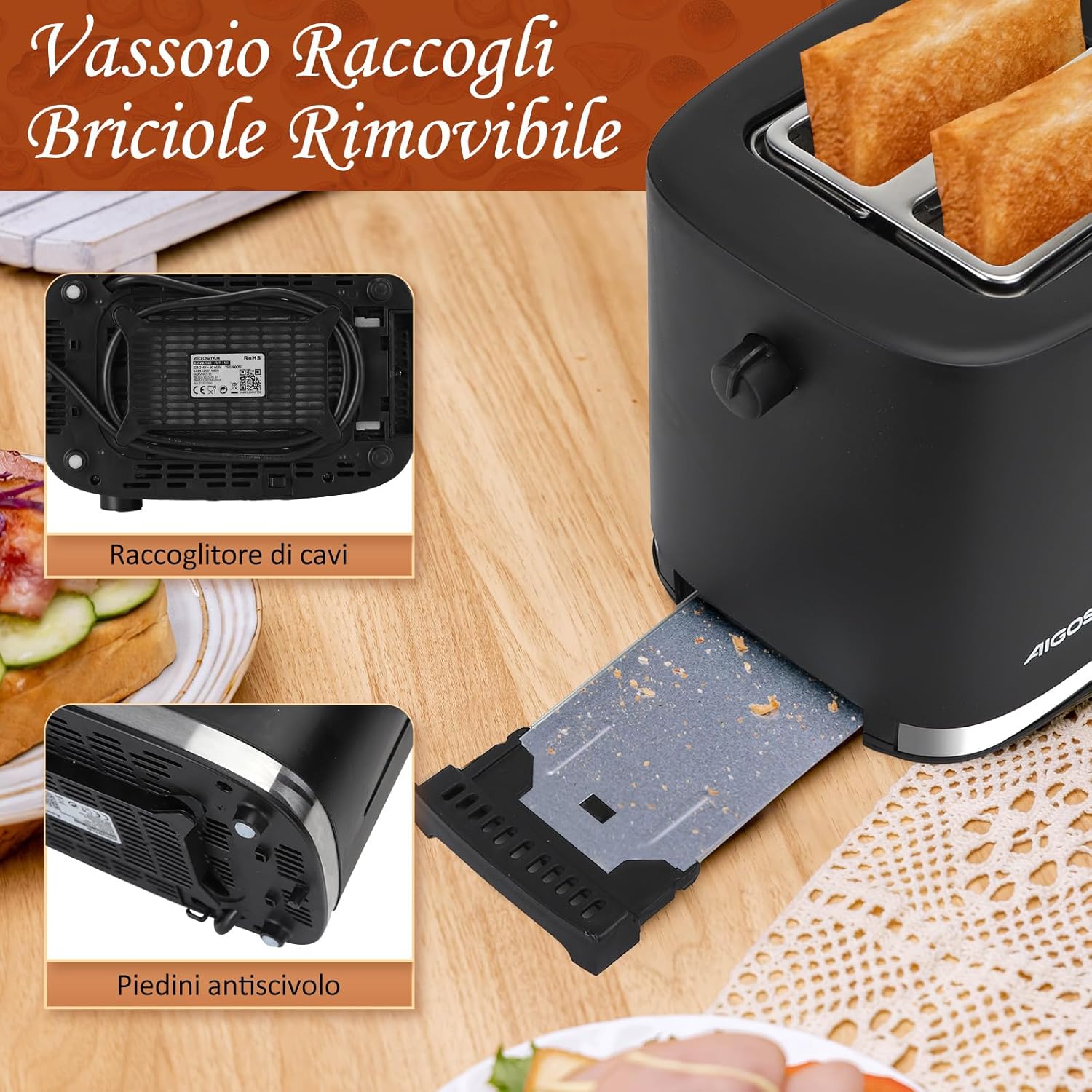 Detalle 2 de Aigostar Energy tostapane a 2 fette con fessure extra larghe, centratura automatica e 6 livelli