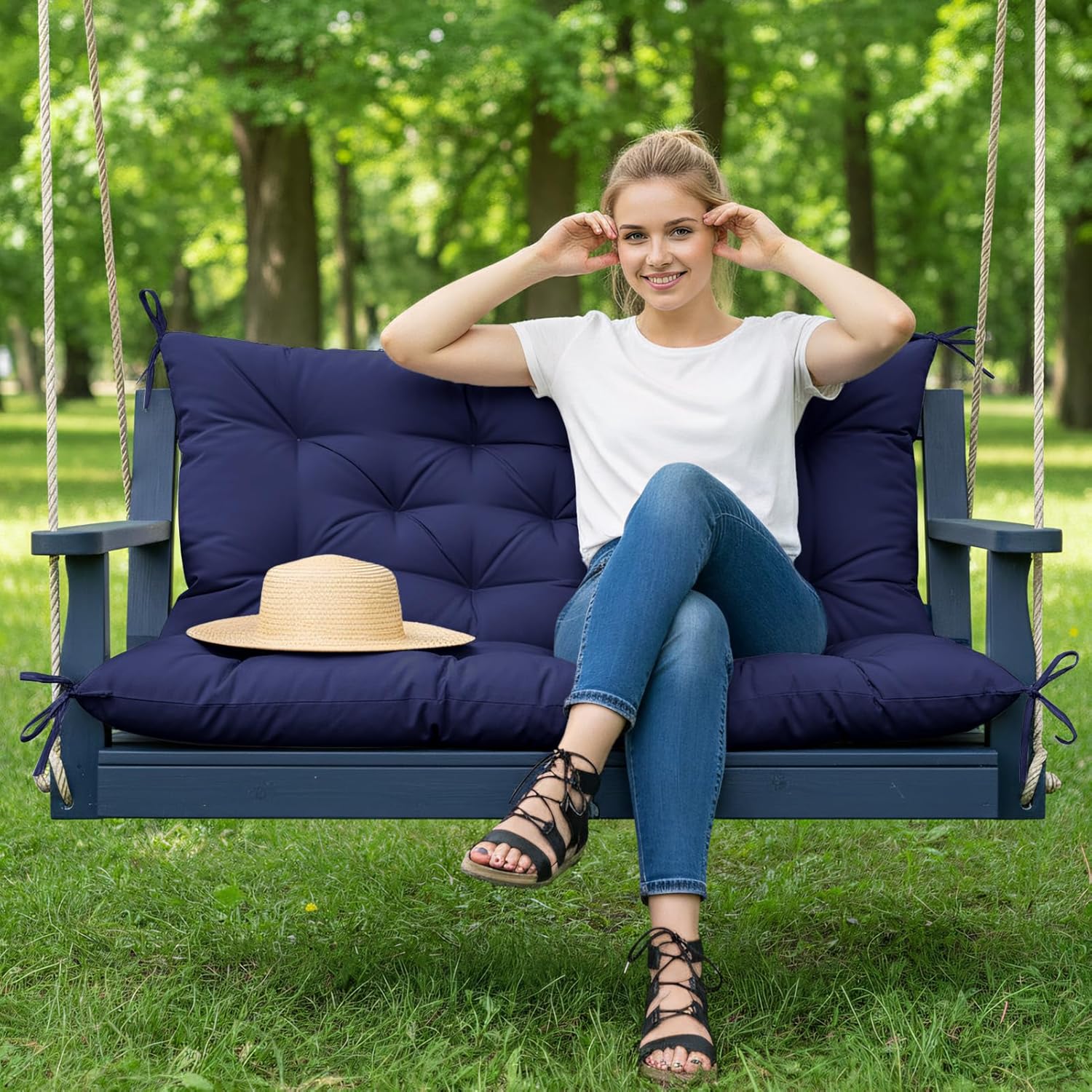 Detalle de ZxrFxr Waterproof Swing Seat Cushions: Navy 100x100cm for 2/3/4 Seater Benches