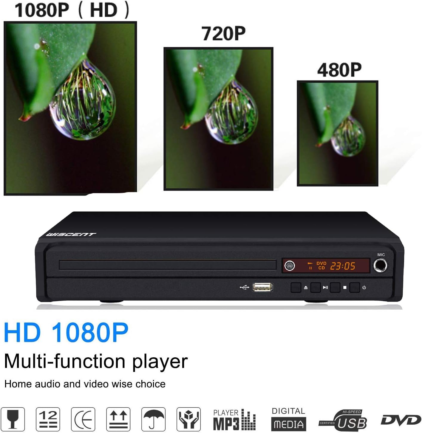 Detalle de WISCENT mini DVD player for TV (all-region free) with HDMI, AV, USB and remote control