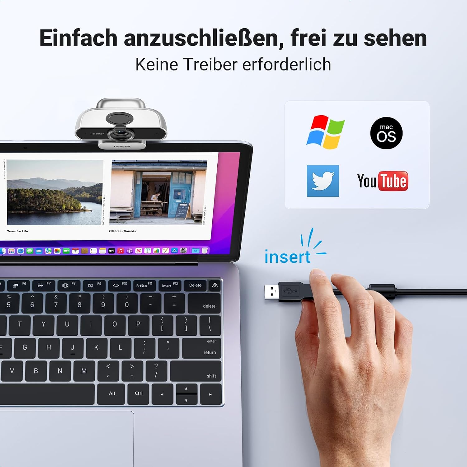 Detalle de UGREEN FineCam Lite 1080P Webcam (Full HD, 30 fps) mit Mikrofon für PC, automatische Lichtkorrektur
