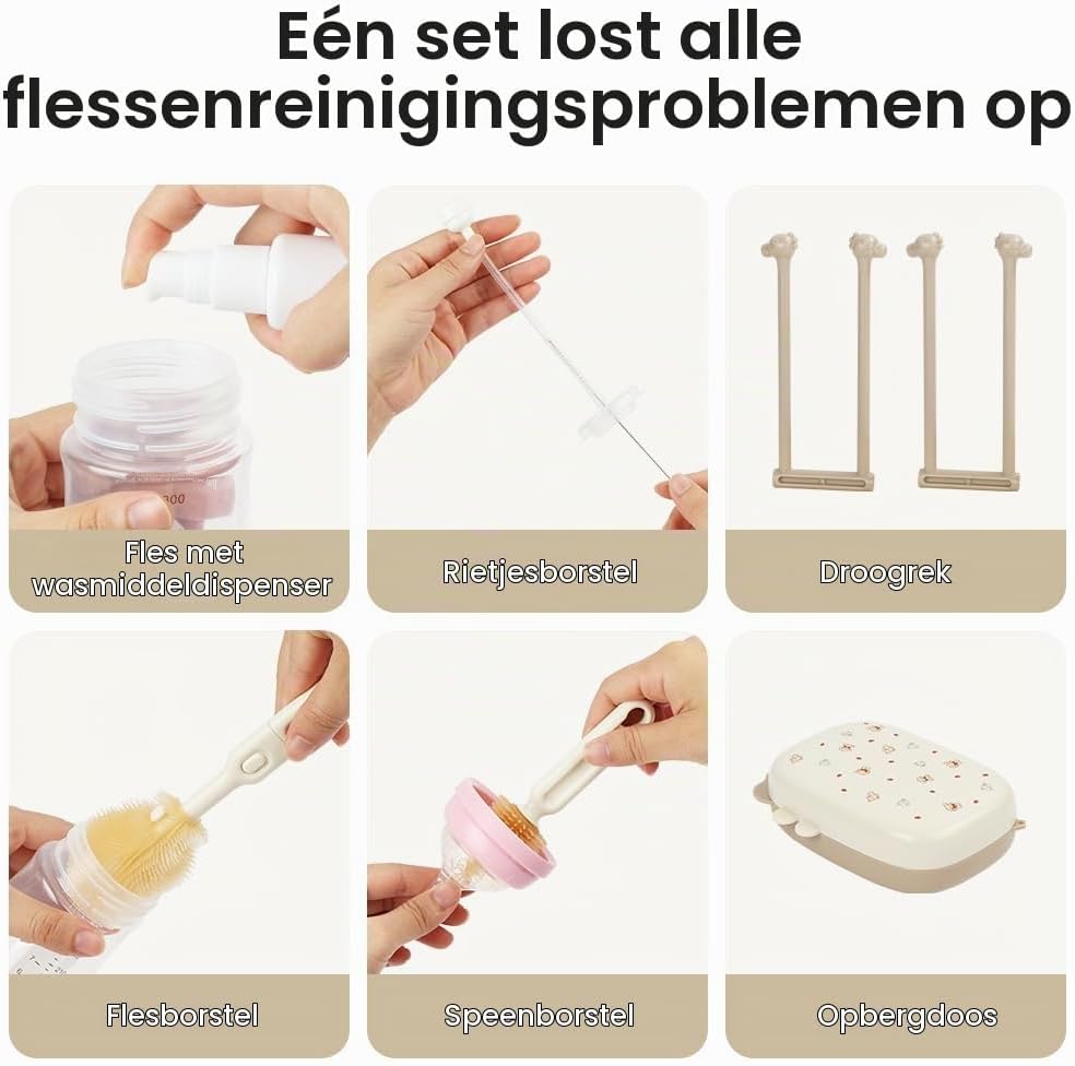 Detalle de Vicloon V-LXNPS-6SKF-FBA flessenborstelset 6-in-1 met opbergetui en zeepdispenser