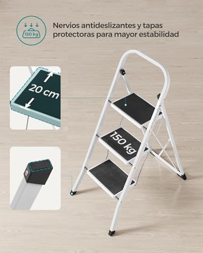 Thumbnail 4 de SONGMICS GSL03WT: escalera de tijera plegable con 3 peldaños y bloqueo de seguridad