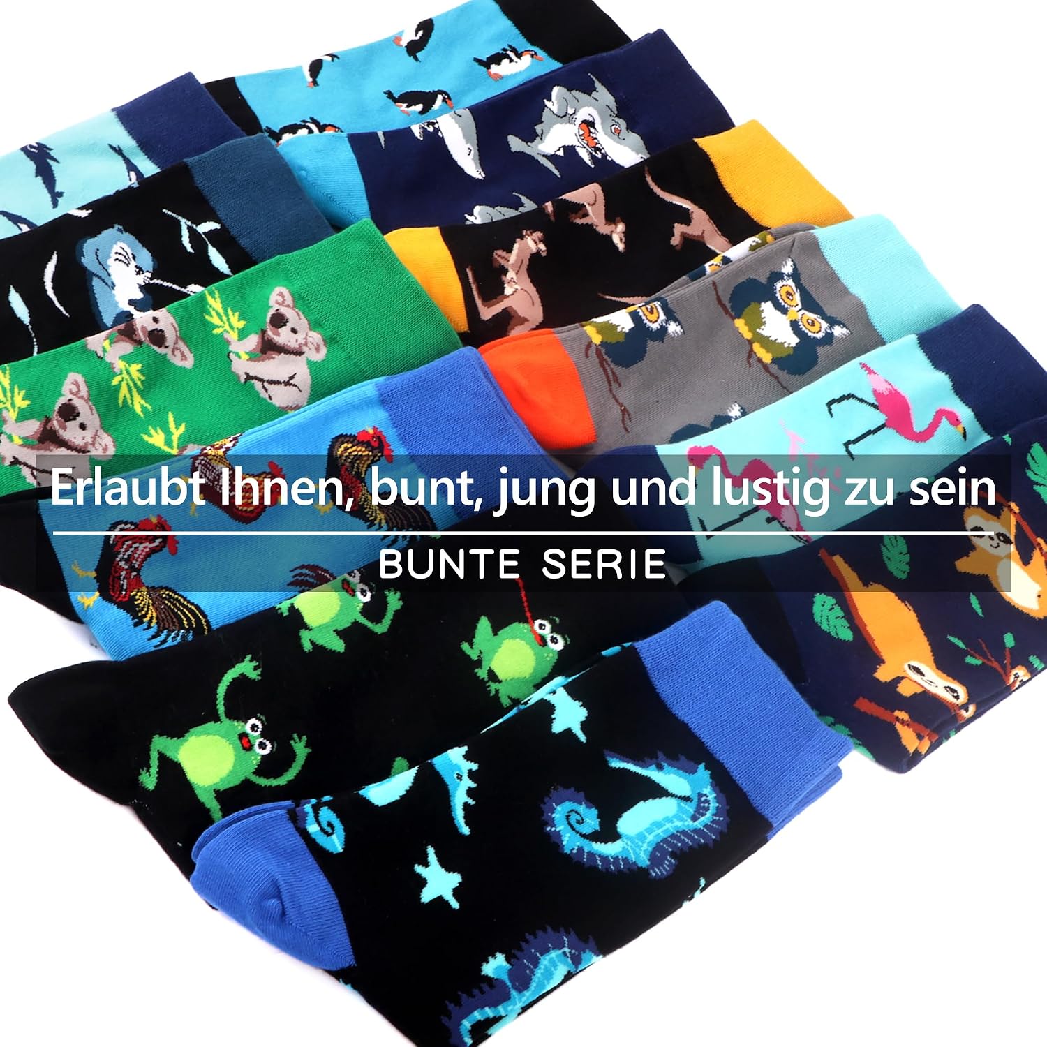 Detalle de WeciBor 12 Paar bunte Herren-Socken mit Tiermotiven (Baumwolle) – witzige Crew-Socken