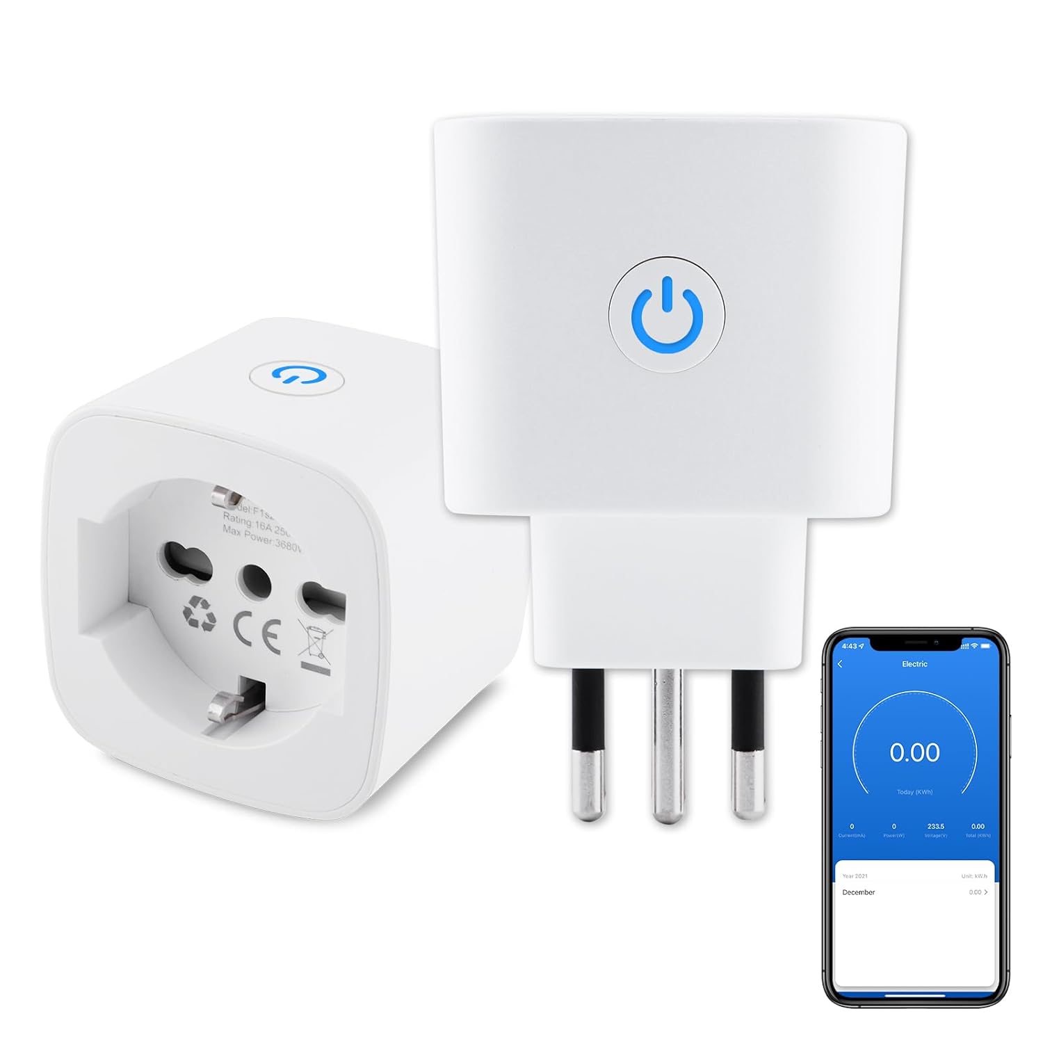 Detalle de Presa WiFi Italiana Type L per monitoraggio energetico Smart Plug, con timer e protezione (2 pezzi) compatibile Alexa & Google Home