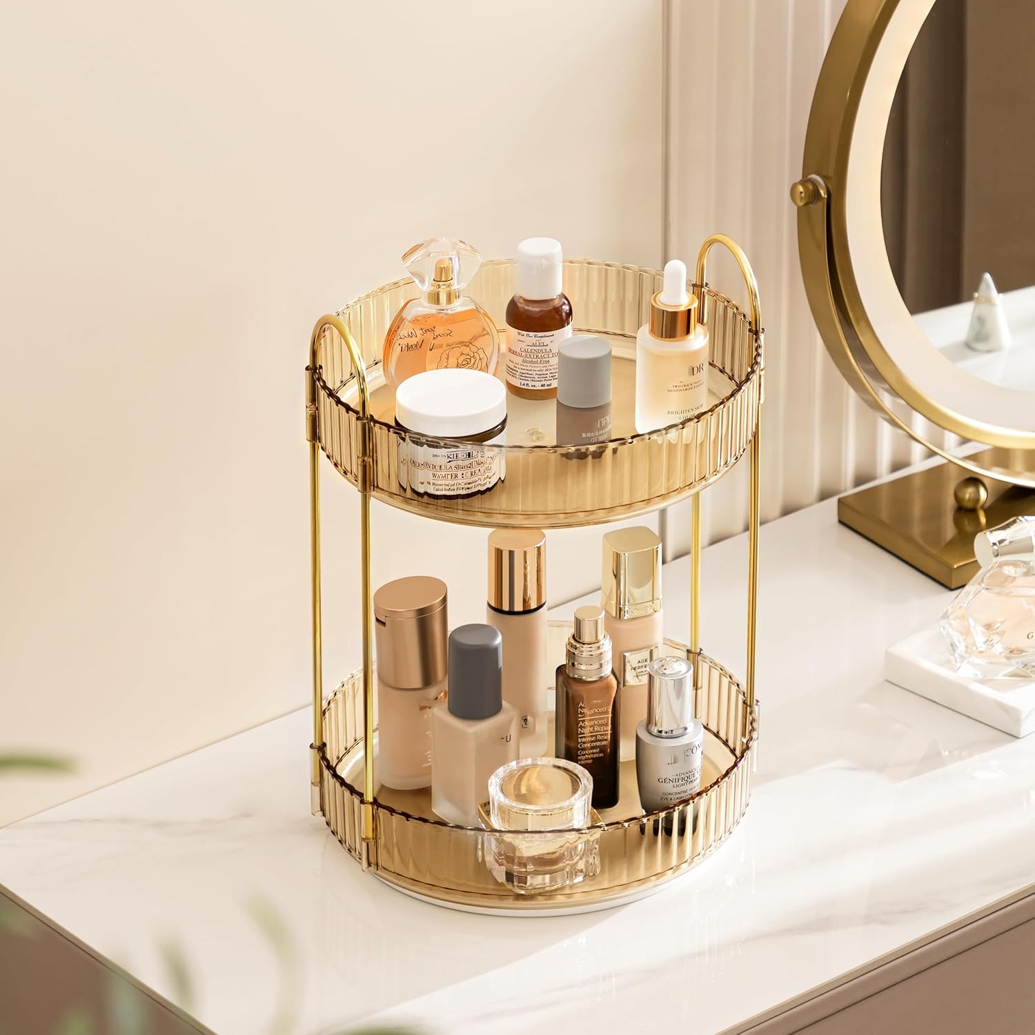Detalle de ROWNYEON Makeup Organiser 360 Rotating — 2-Tier Gold Spinning Storage