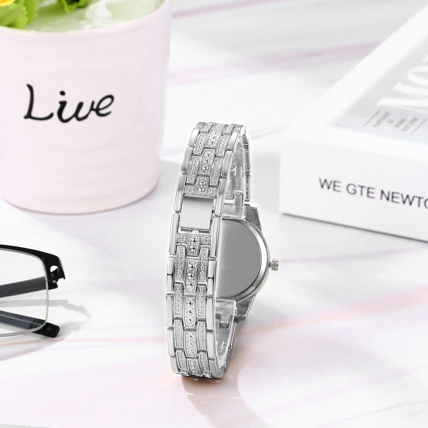 Detalle de JewelryWe Armbanduhr Damen Elegant Strass – Rechteckig/Rund, Quarz, Metallarmband