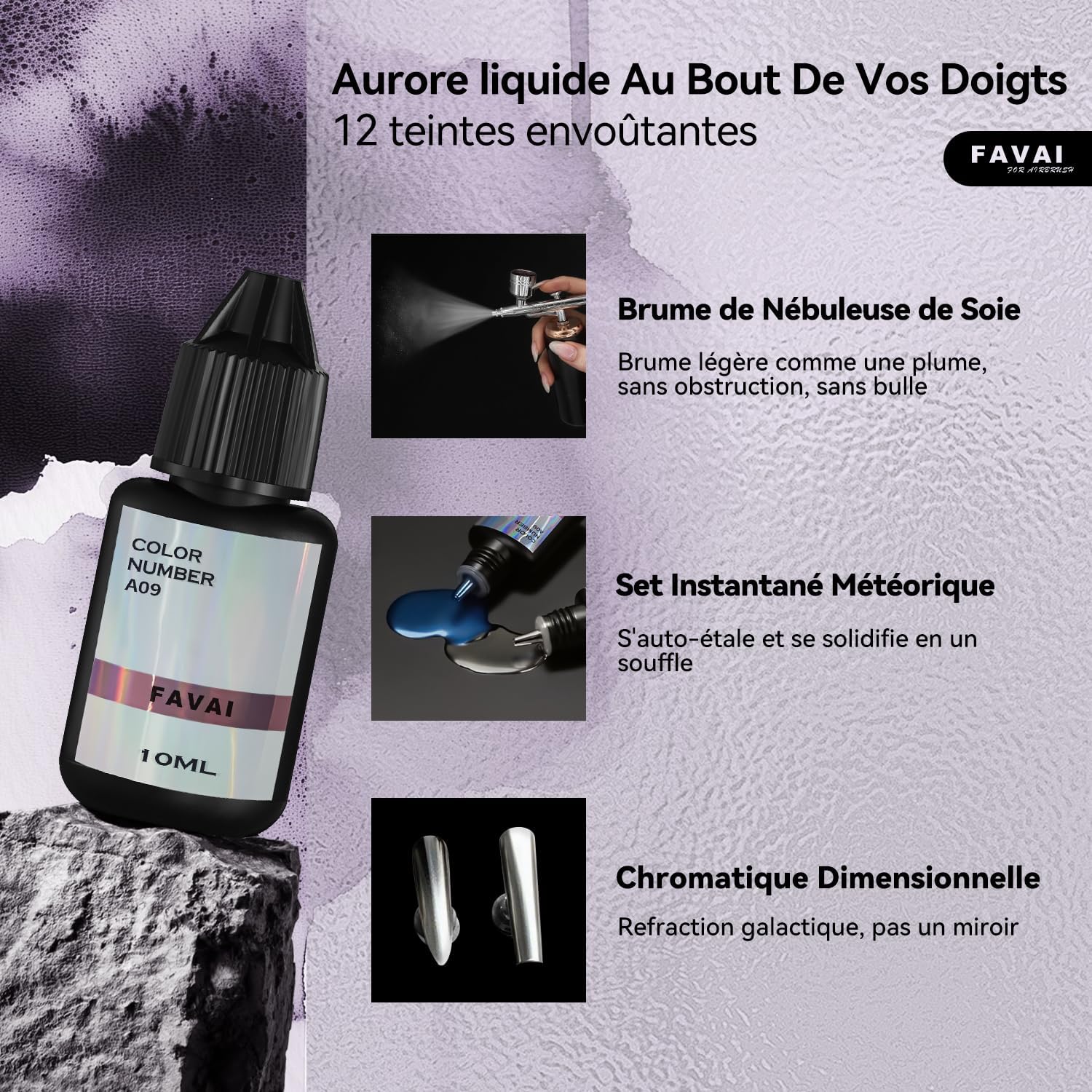 Detalle 2 de FAVAI Aurora Collection (#A) Airbrush Gel – Set de 12 couleurs métalliques iridescentes (baby boomer)