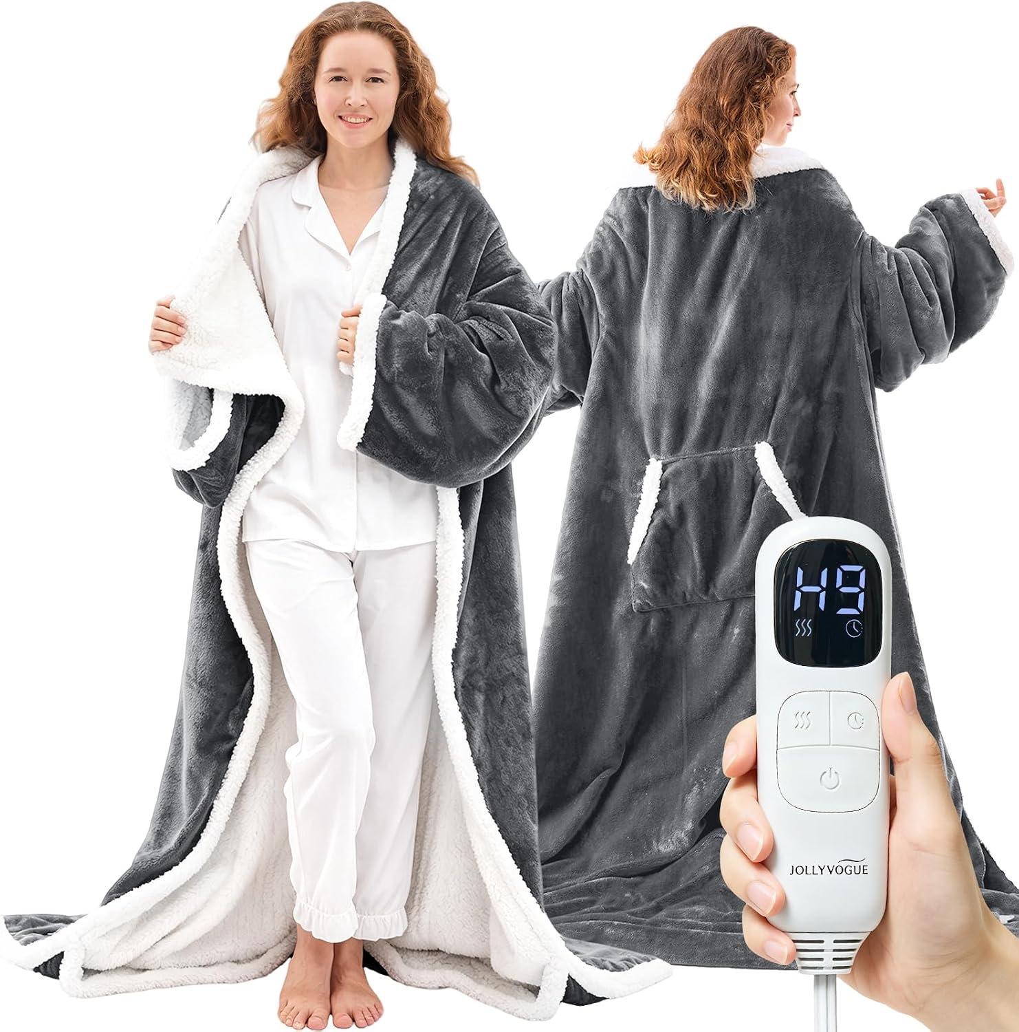 Detalle de JOLLYVOGUE Wearable Heated Blanket with Sleeves, Foot Pocket and 7 Heat Settings
