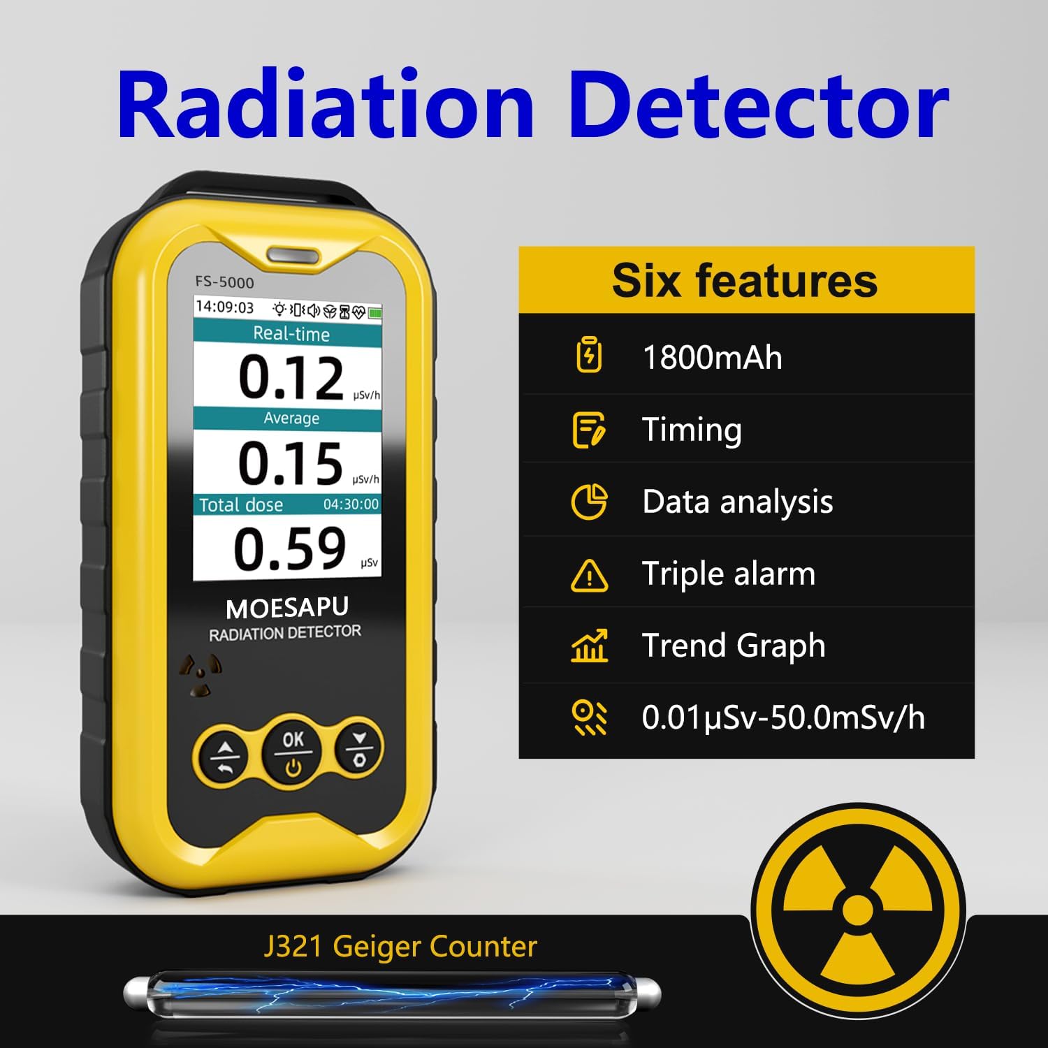 Detalle de MOESAPU FS5000-2 Geiger Counter with Colour TFT Screen and Beta, Gamma & X-ray Detection