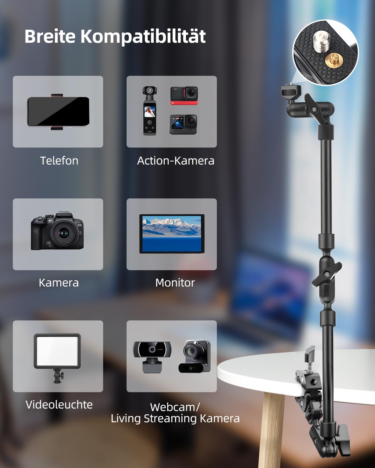 Detalle de JEBUTU 22"/56 cm Magic Arm mit Super Clamp – flexibles Tischstativ mit 1/4" Gewinde, schwarz
