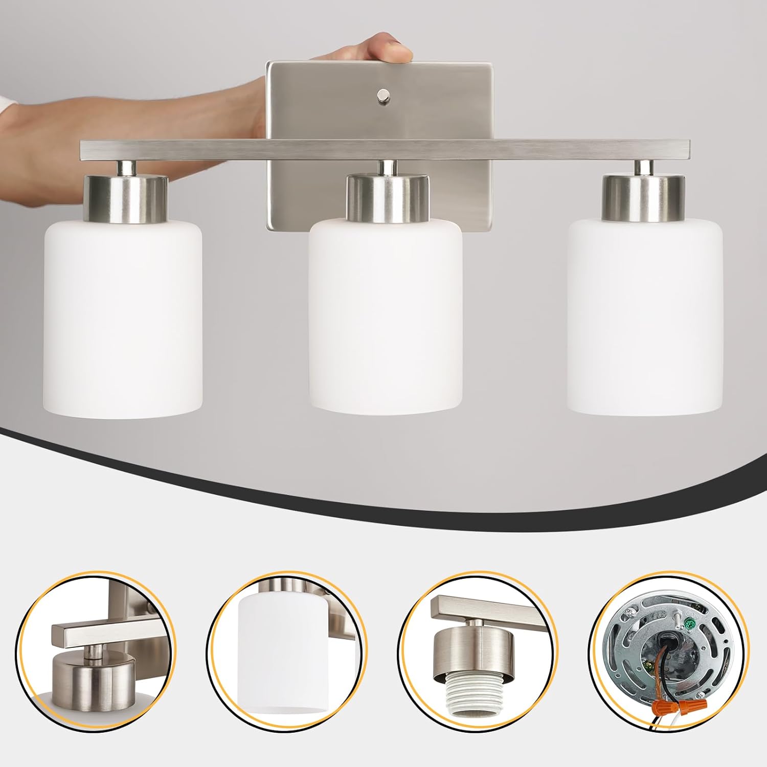 Thumbnail 6 de FonmYim Brushed Nickel 3-Light Vanity Fixture with Milky Glass Shades