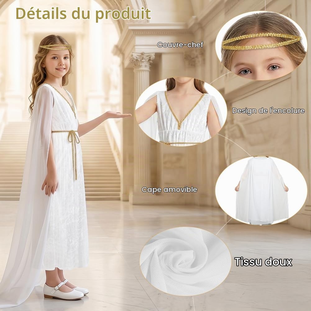 Detalle de Alaoo Griekse godin kostuum voor kinderen, wit polyester met gouden details