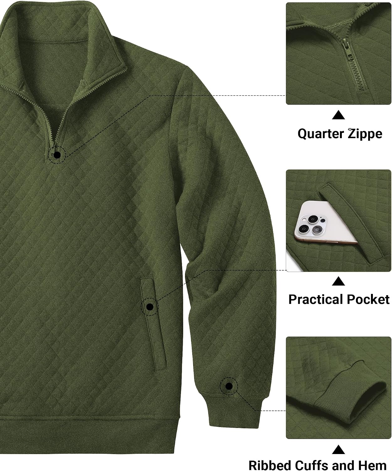 Detalle 1 de COOFANDY Men's Quilted Quarter-Zip Pullover with Mock Neck and Pocket