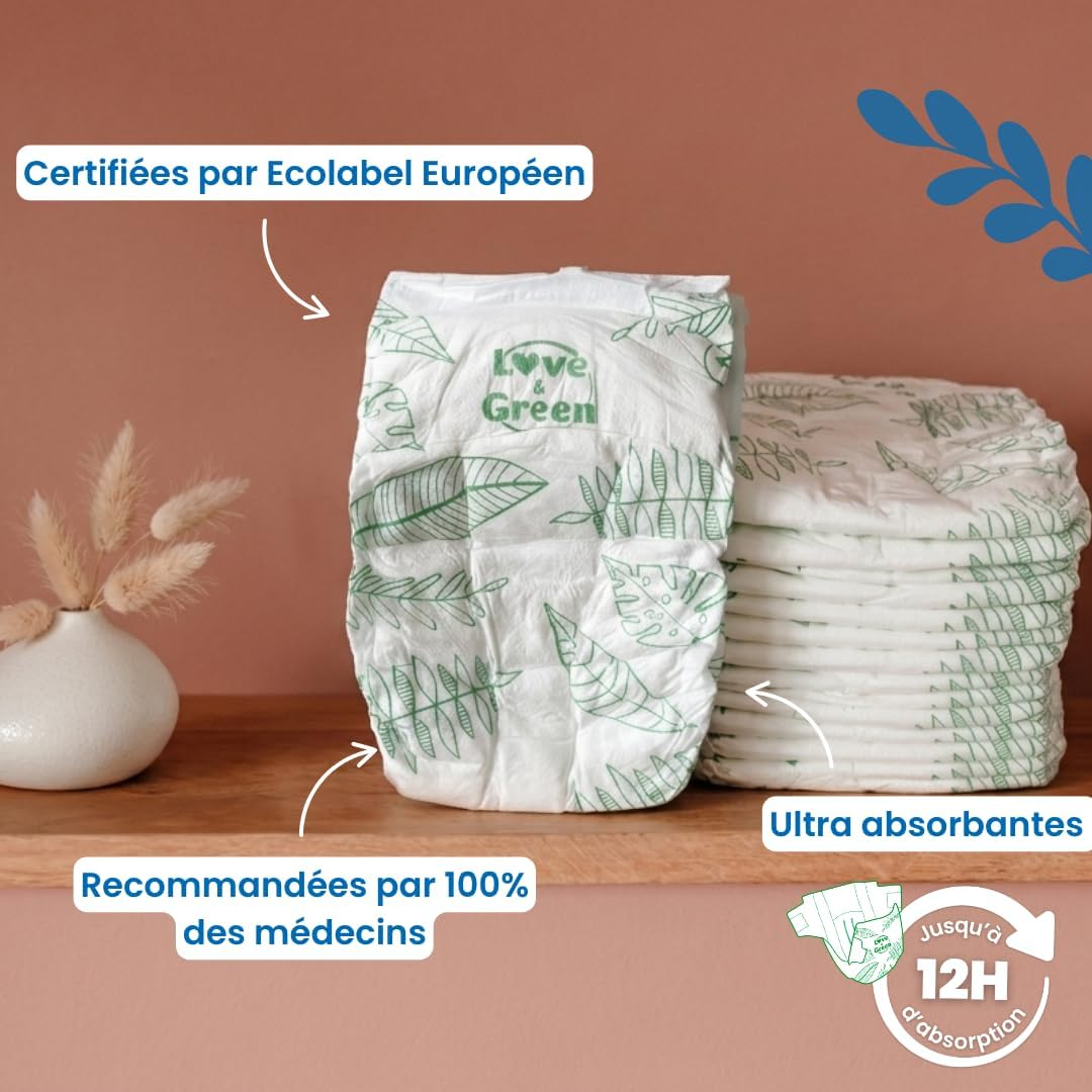 Detalle de Love & Green Couches Bébé Saines et Écologiques – Taille 5 (11-25 kg) – Pack 1 Mois (160 couches)