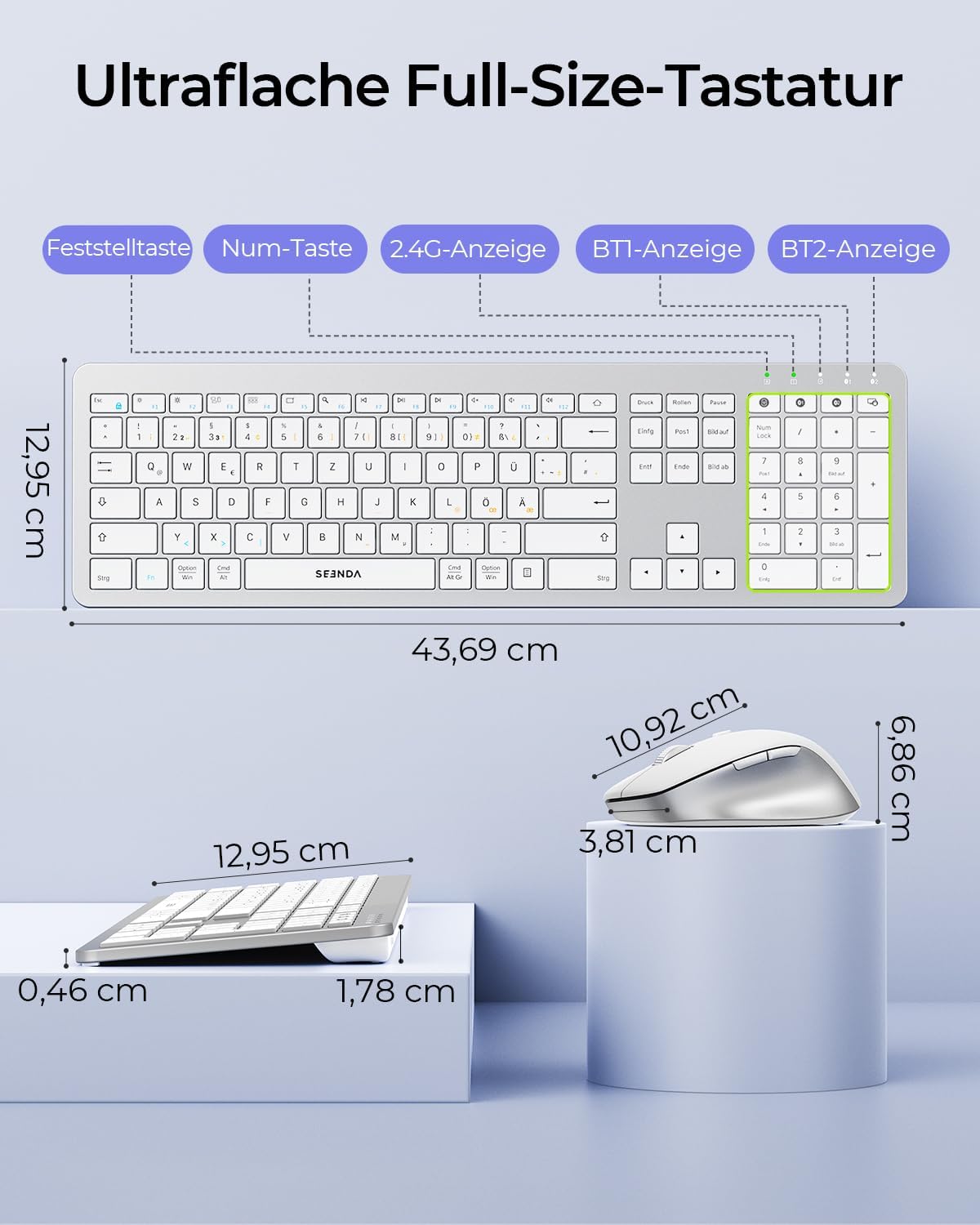 Detalle 2 de Seenda COE300 – Kabellos-Set: Tastatur und Maus, Dual-Bluetooth + 2,4 GHz, ultradünn, QWERTZ, Weiß/Silber
