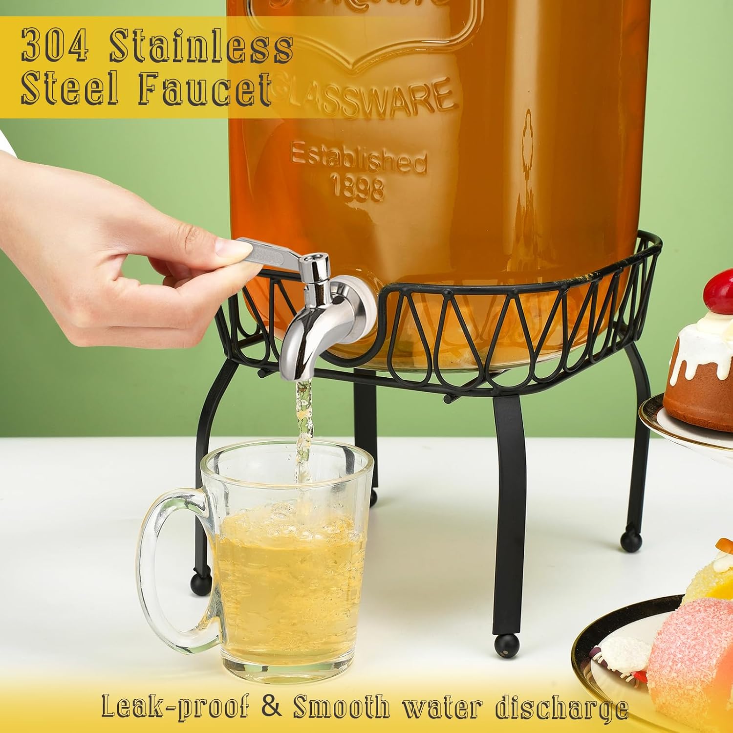 Detalle de JUSJAHLY JUSJAHLY-003 2-Gallon Glass Beverage Dispenser with Stand and Stainless Steel Spigot