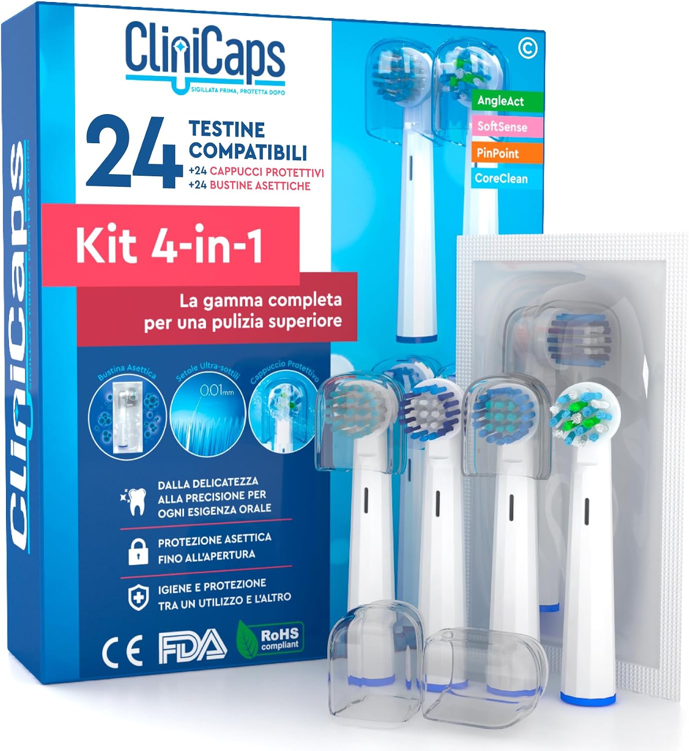 Detalle de Set da 24 testine per spazzolino elettrico compatibile Oral-B CliniCaps Kit 4-in-1 (AngleAct, CoreClean, PinPoint, SoftSense)
